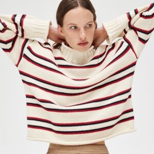 NWT J. Crew 2025 Rollneck Sweater in Ivory Lace Ruby Navy Stripe size small